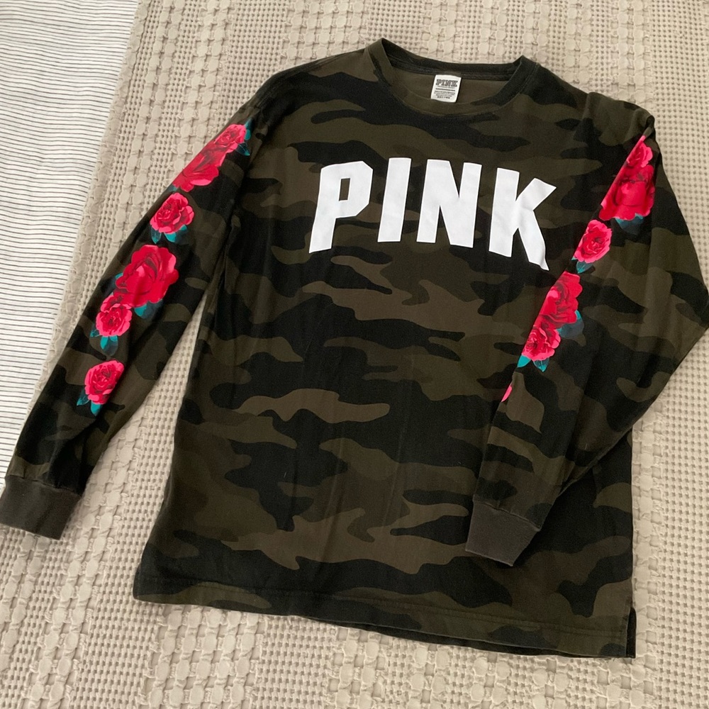 Victoria's Secret Camouflage Long Sleeve Tee with Red Floral Accents